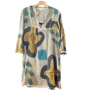 Dolma L Tea Stained Mustard Yellow Flowers Lagenlook SemiSheer Lightweight Tunic